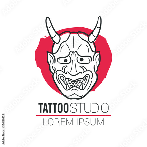 Demon Mask Tattoo Studio Japan Traditional Doodle. Icons Sketch Hand Made. Design Vector Line Art.