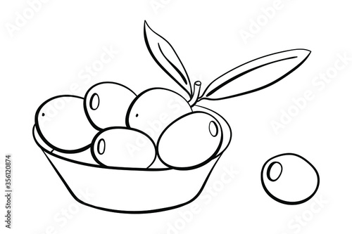 Olives with leaves in a bowl. Black line sketch of olives isolated on white background. Doodle hand drawn vegetables. Vector illustration
