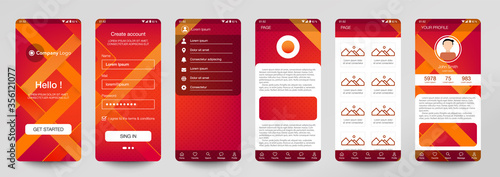 Design of mobile app, UI, UX, GUI. Set of user registration screens with login and password input, account sign in, sign up, home page. Modern Style. Minimal Application. UI Design Template. Orange