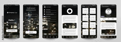 Design of mobile app, UI, UX, GUI. Set of user registration screens with login and password input, account sign in, sign up, home page. Modern Style. Minimal Application. UI Design Template. Interface