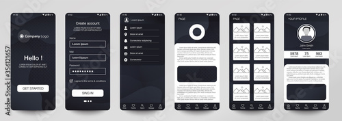 Design of mobile app, UI, UX, GUI. Set of user registration screens with login and password input, account sign in, sign up, home page. Modern Style. Minimal Application. UI Design Template. Interface