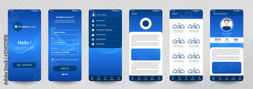 Design of mobile app, UI, UX, GUI. Set of user registration screens with login and password input, account sign in, sign up, home page. Modern Style. Minimal Application. UI Design Template. Interface
