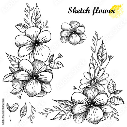 Set of hand drawn sketch of open flower bunch with bud and leaves in black isolated on white background. 