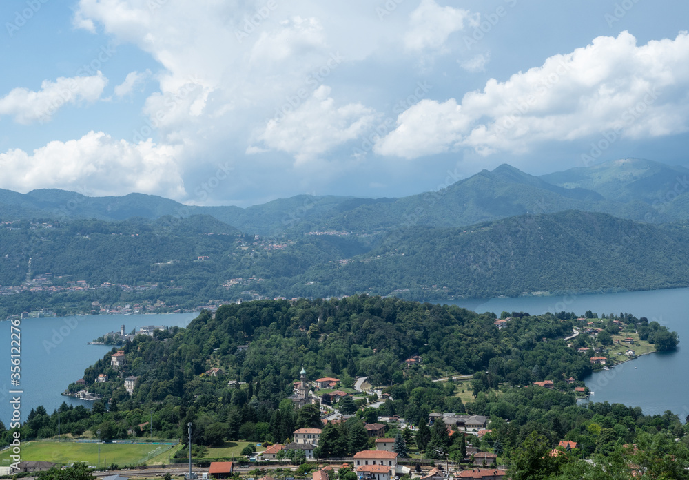 panoramic view from a large terrace on Lake Orta and its promontory