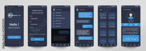 Design of mobile app Chat room, UI, UX, GUI. Set of user registration screens with login and password input, account sign in, sign up, home page. Modern Style. Minimal Application. UI Design Template