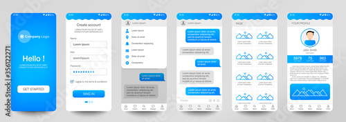 Design of mobile app Chat room, UI, UX, GUI. Set of user registration screens with login and password input, account sign in, sign up, home page. Modern Style. Minimal Application. UI Design Template