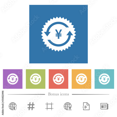 Yen pay back guarantee sticker flat white icons in square backgrounds
