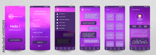 Design of mobile app Chat room, UI, UX, GUI. Set of user registration screens with login and password input, account sign in, sign up, home page. Modern Style. Minimal Application. UI Design Template