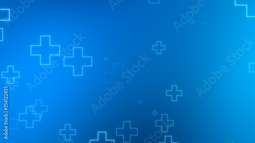 Medical health blue cross neon light shapes pattern background. Abstract healthcare technology and science concept.