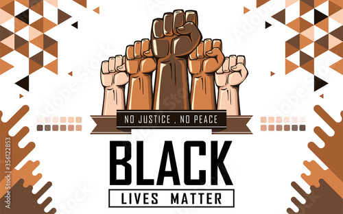 Black lives matter banner for protest against racial discrimination & police brutality. Raised fists of all skin colors in support.