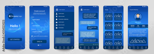 Design of mobile app, UI, UX, GUI. Set of user registration screens with login and password input, account sign in, sign up, chat room, home page. Modern Style. Minimal Application. UI Template. Blue
