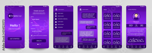 Design of mobile app, UI, UX, GUI. Set of user registration screens with login and password input, account sign in, sign up, chat room, home page. Modern Style. Minimal Application. Template