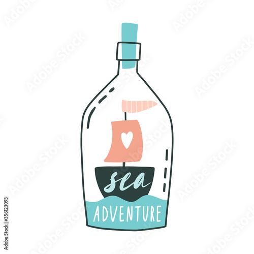 Sea adventure. Cute ship, boat in glass bottle