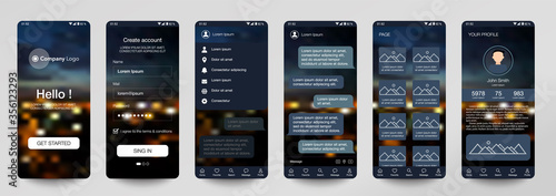 Design of mobile app, UI, UX, GUI. Set of user registration screens with login and password input, account sign in, sign up, chat room, home page. Modern Style. Minimal Application. UI Template. City
