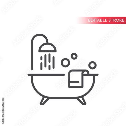 Bathtub with shower, towel and bubbles thin line vector icon. Outline, editable stroke.