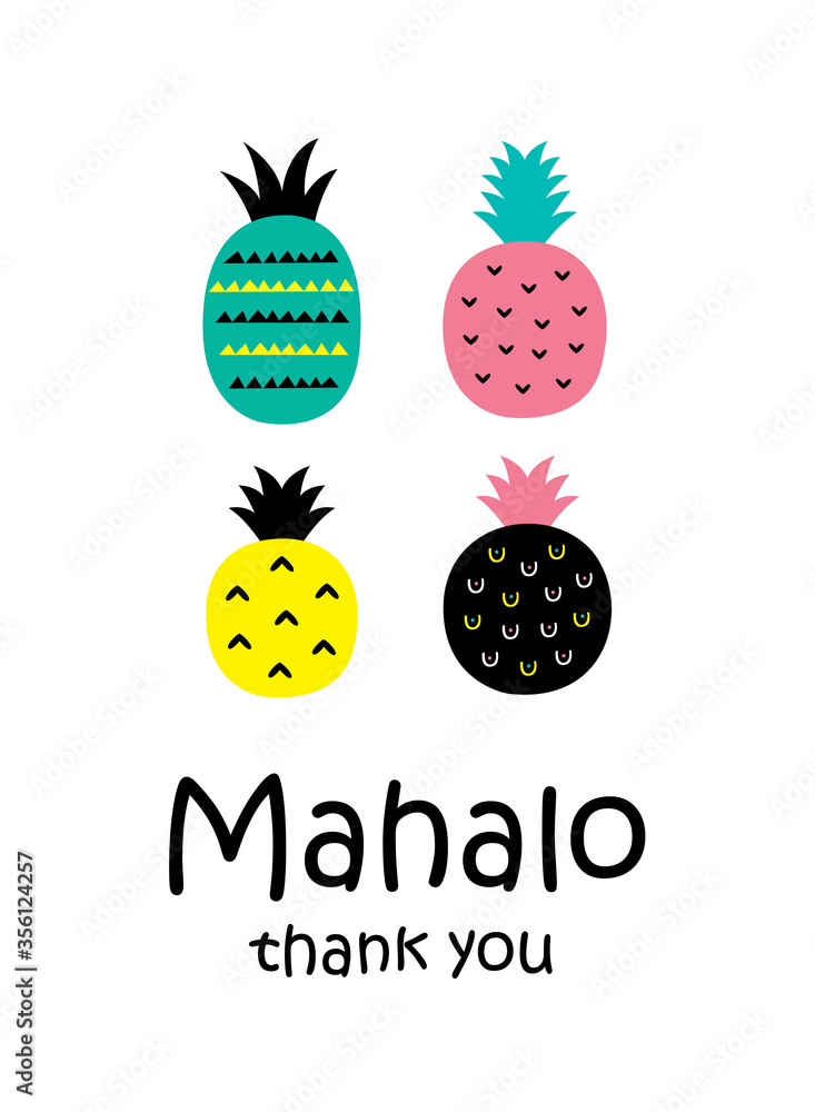 Fototapeta premium cute pineapple thank you card vector with hawaii word of thank you. cute pineapple appreciation card illustration.