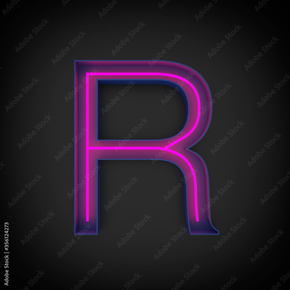 3d rendering, neon red capital letter R lighted up, inside blue letter, 3d rendering, neon red capital letter R lighted up, inside blue letter,