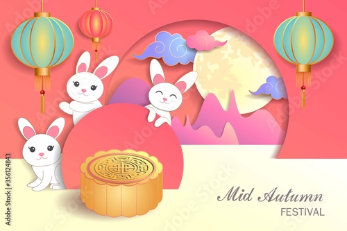 Mid autumn festival / Chinese festival with the moon, moon cake, rabbits, cloud and lantern  on color paper. Vector illustration