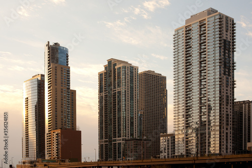 Skyline of buildings at Chicago river shore  Chicago  Illinois  United States