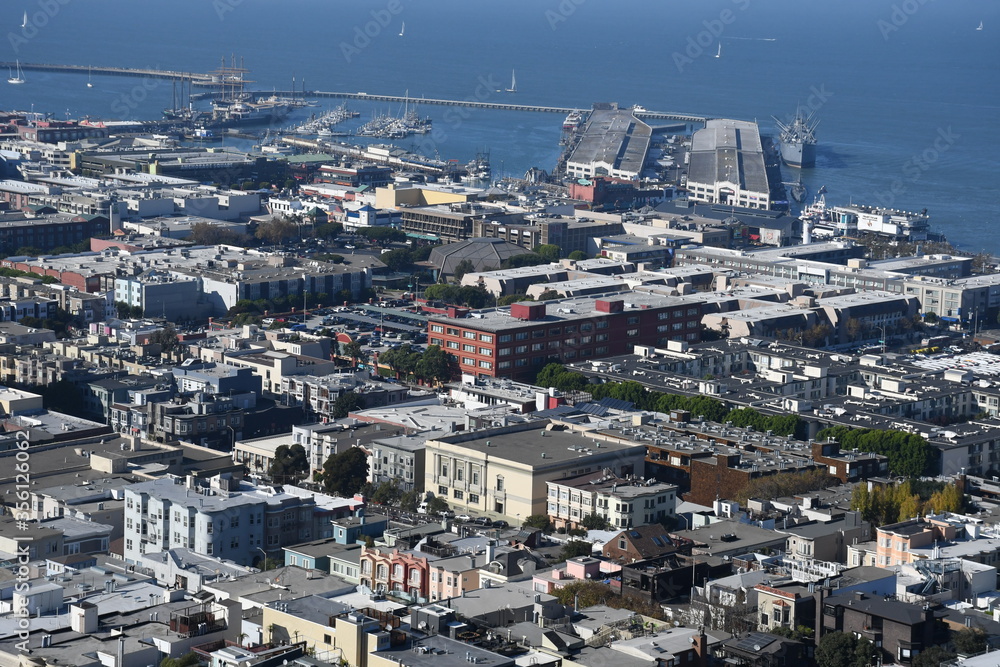 Beautiful aerial view of the San Francisco, USA. View of the Downtown, San Francisco bay and long steep streets.
