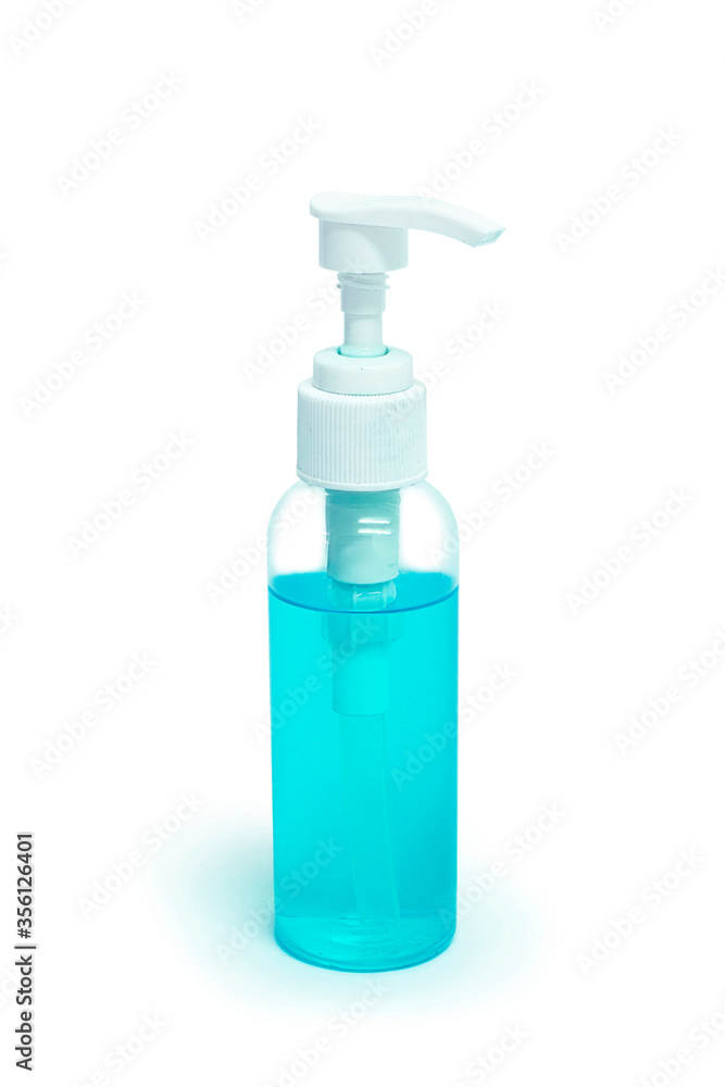 Blue alcohol gel hand sanitizer bottle on white background. selective focus, soft focus. Blue alcohol gel hand sanitizer bottle on white background. selective focus, soft focus.