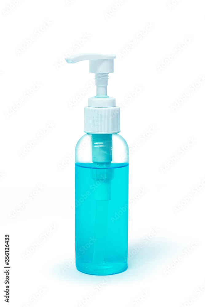 Blue alcohol gel hand sanitizer bottle on white background. selective focus, soft focus. Blue alcohol gel hand sanitizer bottle on white background. selective focus, soft focus.