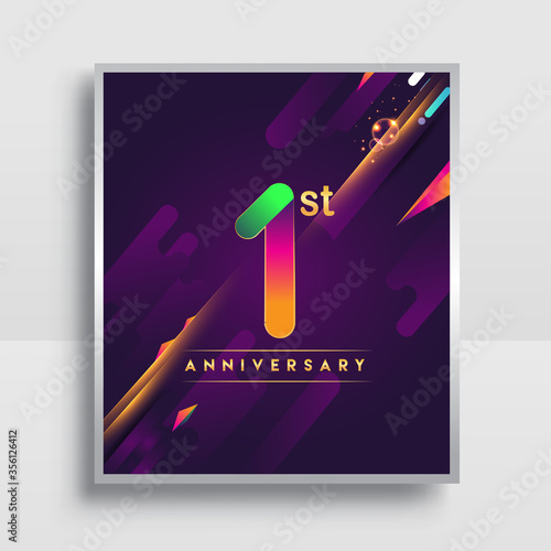 1st years anniversary logo, vector design for invitation and poster birthday celebration with colorful abstract background isolated on white background.