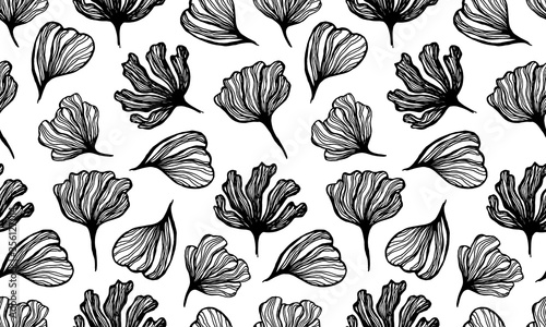 Botanical seamless pattern. Silhouette of hand drawn flower petals. Line art vector illustration. Element for greeting card, poster or wedding invitation design
