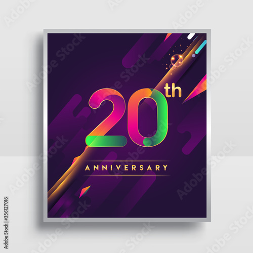 20th years anniversary logo, vector design for invitation and poster birthday celebration with colorful abstract background isolated on white background.