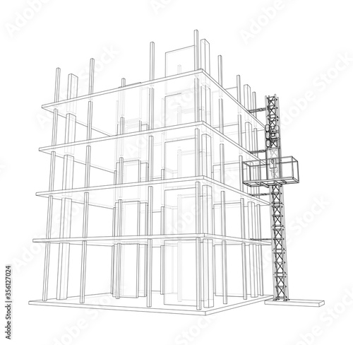 Building under construction with mast lifts