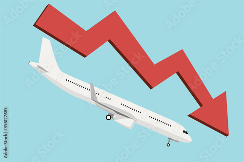 white airplane with red zig zag arrow down, aeroplane industry concept