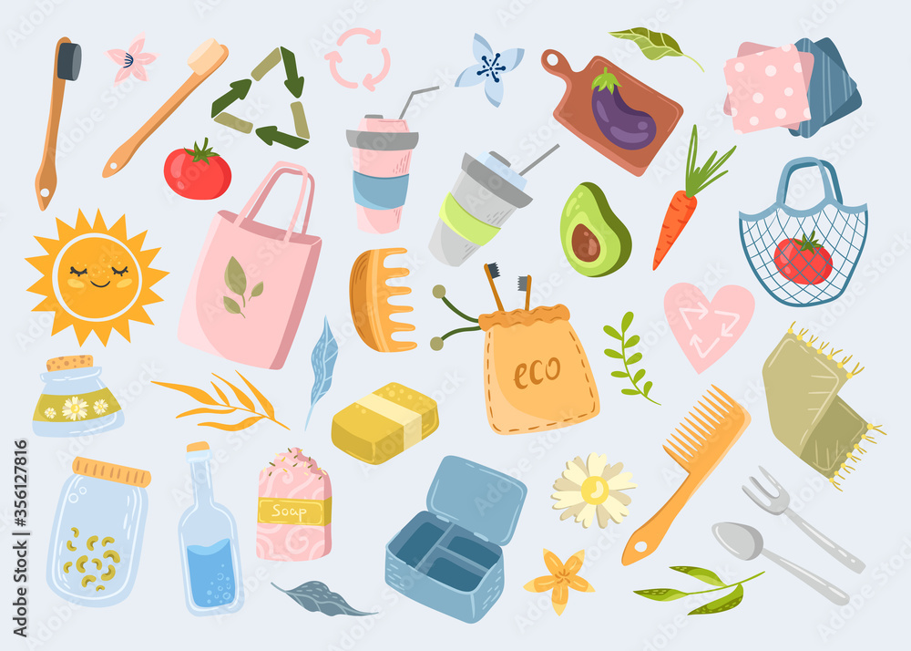 Zero waste concept. Set of organic reusable objects. Save nature. hygiene items and fabric bags. Collection of vector stickers.