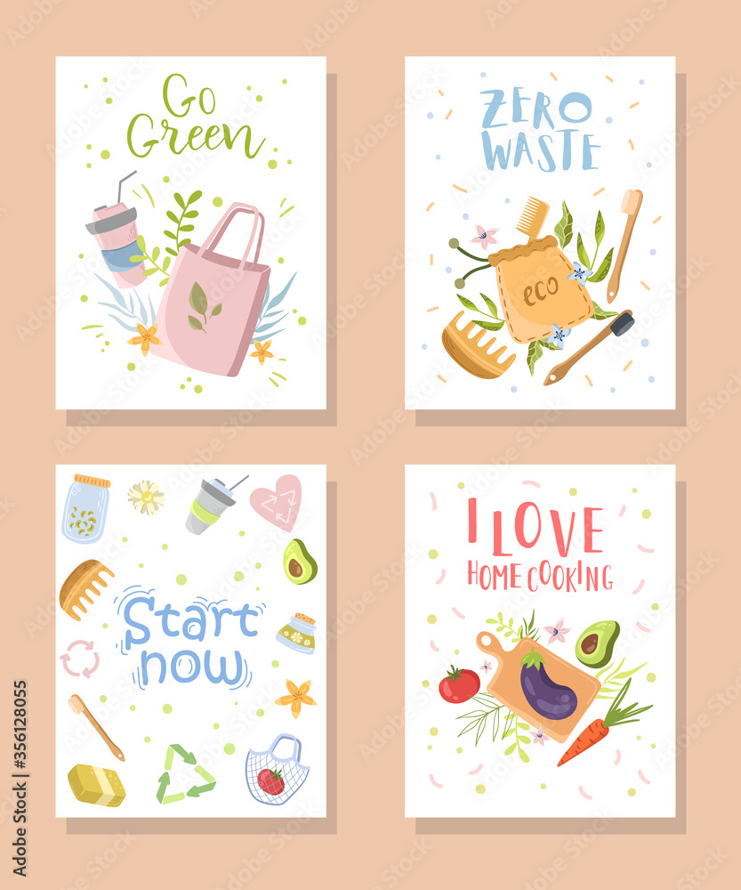 Set of cards zero waste lifestyle. Eco bags, home cooking, recycling.