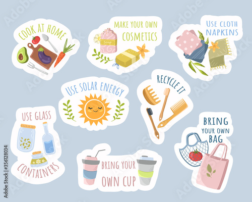 Zero waste life rules. Save nature  eco things and natural cosmetics. Set of stickers  cartoon style.