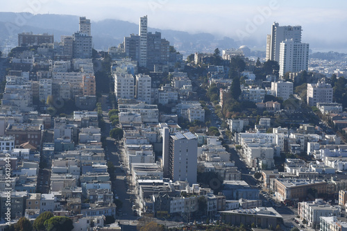 Beautiful aerial view of the San Francisco, USA. View of the Downtown, San Francisco bay and long steep streets.