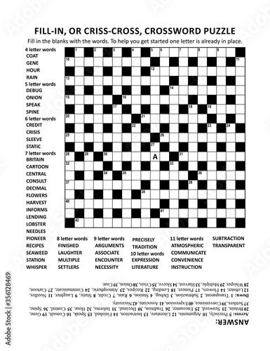 Criss-cross (or fill-in, else kriss-kross) crossword puzzle game of 19x19 grid, fitting Letter or A4 size paper, with general knowledge family friendly content. Answer included. 