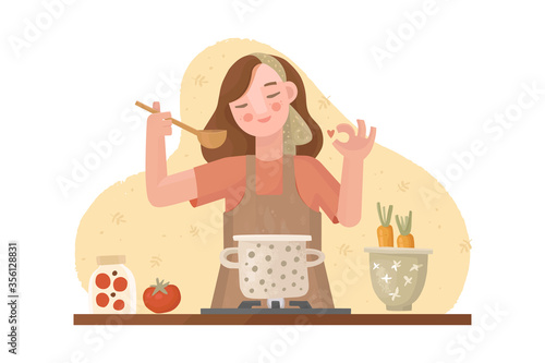 Vector hand drawn illustration. A girl in an apron is cooking. Approving gesture "ok". Pan on the stove with soup. Kitchen utensils, bowl, fresh vegetables. Homemade food, dinner, cozy atmosphere.