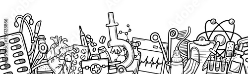 Healthcare and Medicine Vector Seamless pattern. Hand Drawn Doodle Drugs and Medical Products and Devices Background