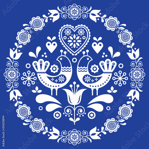 Folk art vector round ornamental frame with birds, hearts, and flowers, Scandinavian design in circle, floral composition
