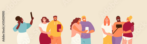 Active People group taking selfie photo. Youth Culture Characters Vector Set