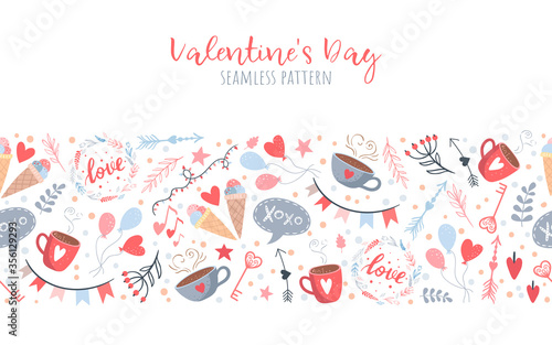 Decorative romantic seamless pattern, valentines day frame. Cute hand drawn elements, greeting card design.