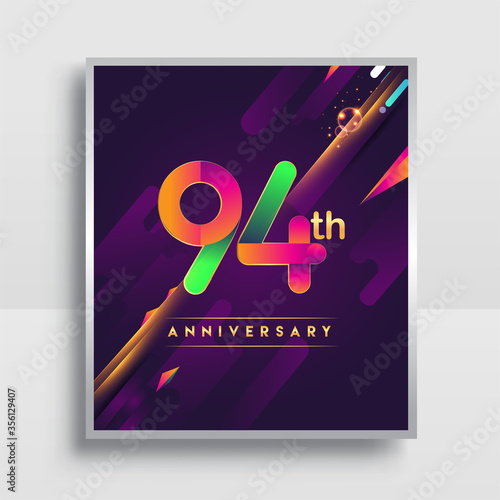 94th years anniversary logo  vector design for invitation and poster birthday celebration with colorful abstract background isolated on white background.
