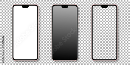 Realistic smartphone display mockup set. Smartphone mockup isolated on transparent background. Realistic vector illustration.
