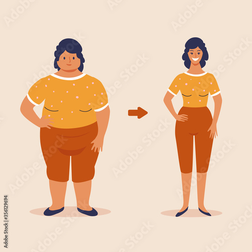 Fat and slim woman, before and after weight loss concept illustration, vector flat design