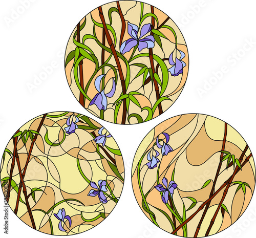 round stained glass window in a classical style with flowers, grass and leaves