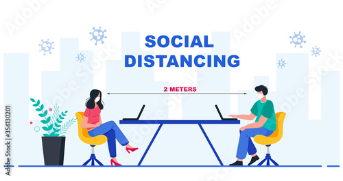 People working on laptops. Employees are maintain distance during work at workplace. Social distancing at office workplace. Vector illustration.