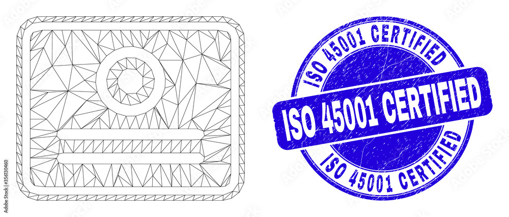 Fototapeta premium Web carcass certificate pictogram and ISO 45001 Certified watermark. Blue vector round textured watermark with ISO 45001 Certified phrase.