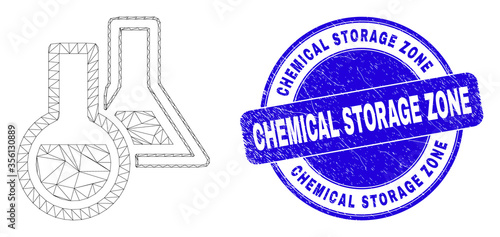 Web mesh chemical glassware pictogram and Chemical Storage Zone seal stamp. Blue vector rounded grunge seal with Chemical Storage Zone message.
