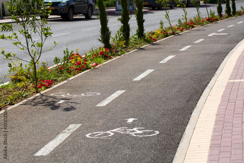 Obraz premium Empty Bicycle way for bike, green way, a path at the park. Sign of Cycling lane on open road track