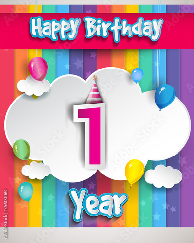 Celebrating 1st Anniversary logo, with confetti and balloons, clouds, colorful ribbon, Colorful Vector design template elements for your invitation card, banner and poster.